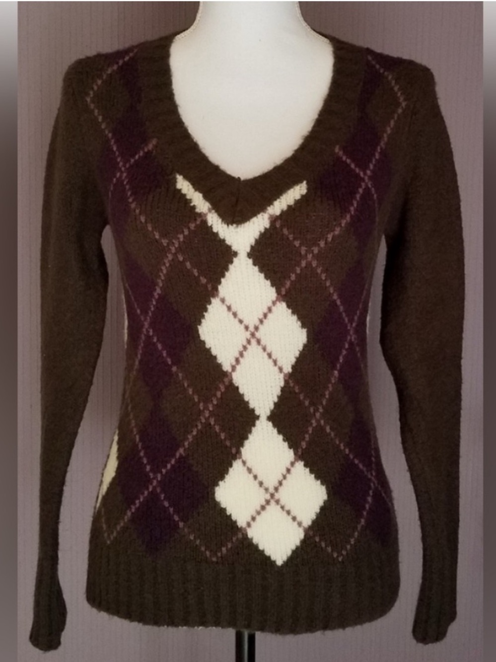 Fitted Olive Green Wool Mohair Preppy Harlequin Pattern V-neck Sweater